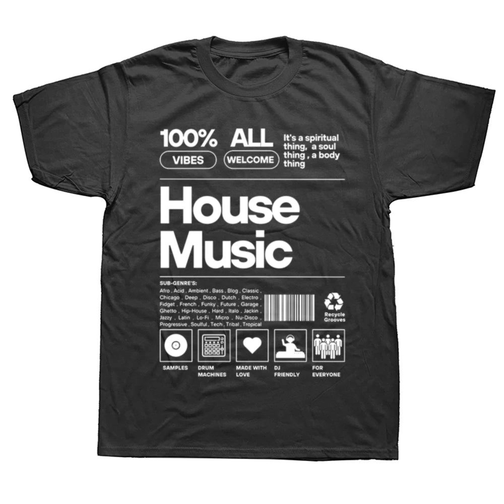 Black oversized unisex t-shirt with bold white graphic print designed like a product label featuring the words “House Music,” sub-genres, and icons related to DJ culture.
