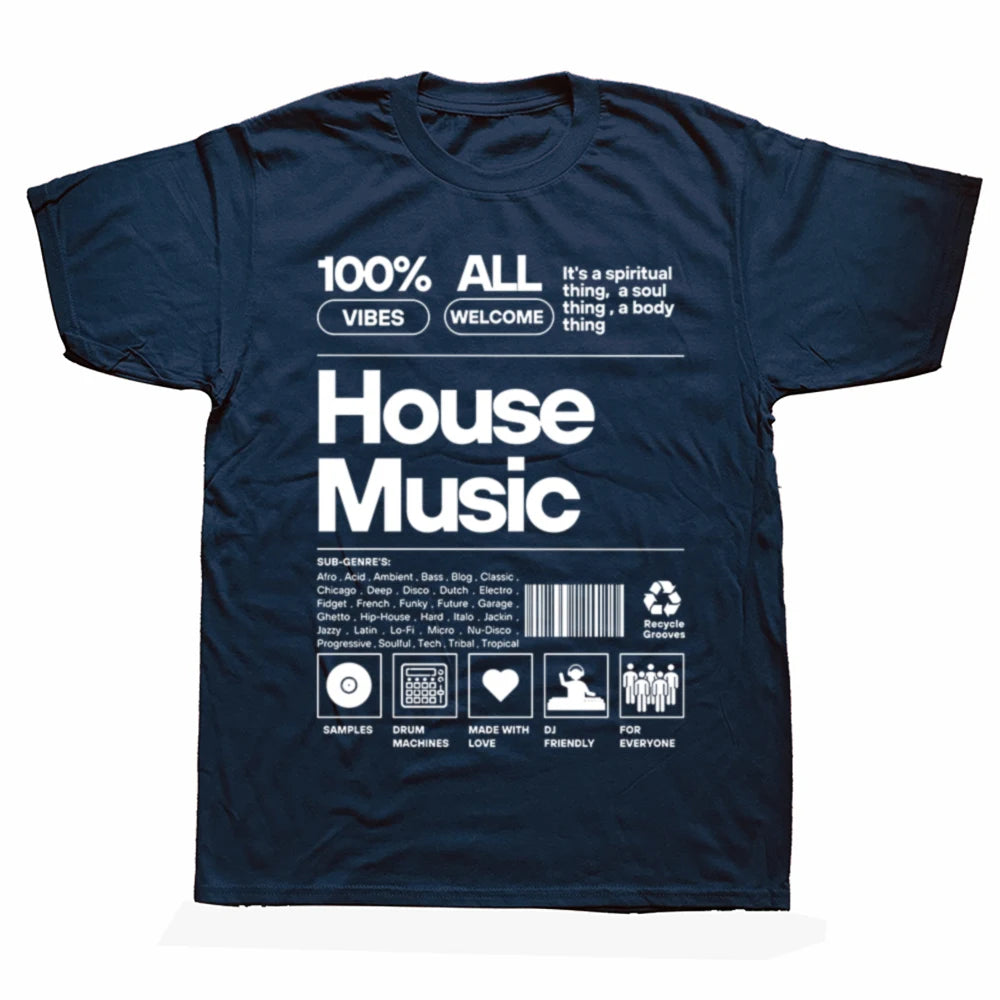 Navy oversized unisex t-shirt with bold white graphic print designed like a product label featuring the words “House Music,” sub-genres, and icons related to DJ culture.