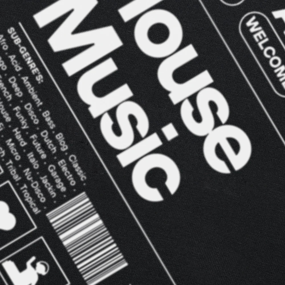 Black oversized unisex t-shirt with bold white graphic print designed like a product label featuring the words “House Music,” sub-genres, and icons related to DJ culture.