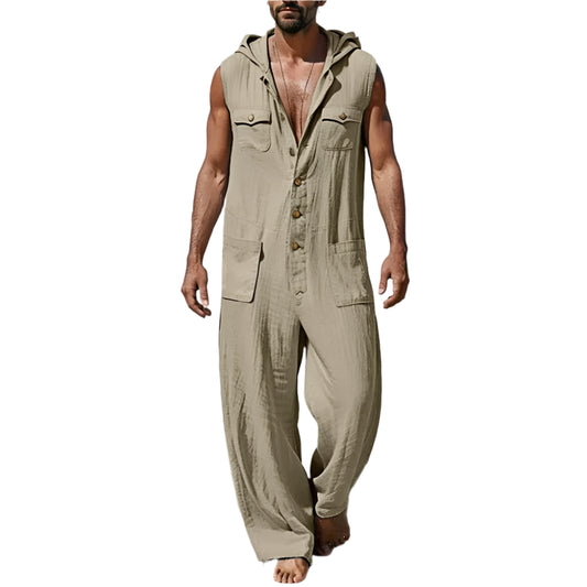 Man wearing a sleeveless hooded beige jumpsuit with button-up front and multiple pockets, made from breathable cotton blend fabric — casual streetwear style.